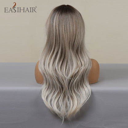 Ombre Gray Ash Wavy Wigs with Bang Light Blonde Platinum Synthetic Long Hair for Women Daily Party Heat Resistant Fiber Wigs The Clothing Company Sydney
