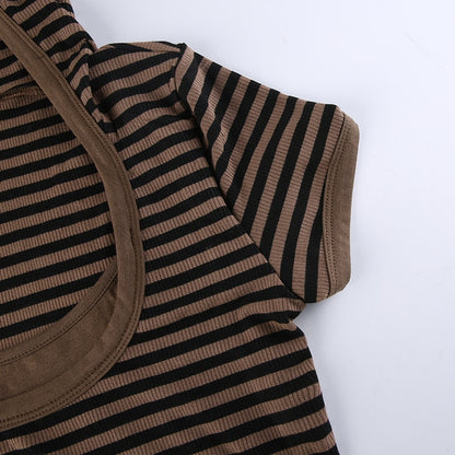 Y2K Striped Crop Top Hooded Short Sleeve T Shirt Women's Cute Retro Brown Summer Tee Casual Tshirt The Clothing Company Sydney