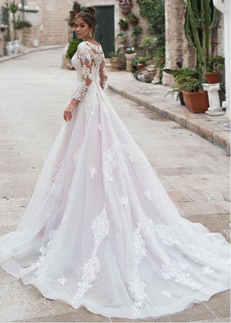 Boho A line Wedding Dresses Pink Long Sleeves Lace Appliques Tull