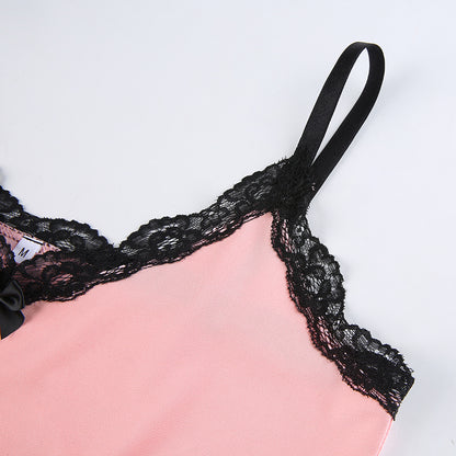 Lace Patchwork Pink Strap Bow Bodycon Summer Dresses Mini Side Split Sundress The Clothing Company Sydney