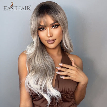 Ombre Gray Ash Wavy Wigs with Bang Light Blonde Platinum Synthetic Long Hair for Women Daily Party Heat Resistant Fiber Wigs The Clothing Company Sydney