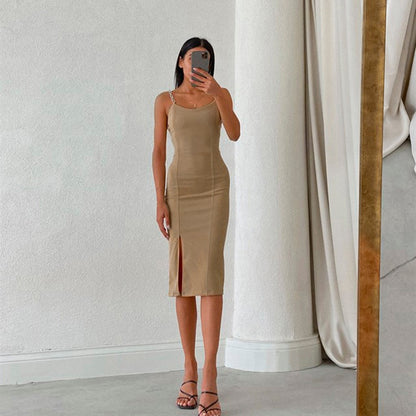 Elegant Chain Strapless Sleeveless Solid Basic Split Knee-Length Bodycon Summer Young Style Dress The Clothing Company Sydney