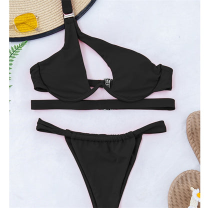 Hollow Out Swimwear Push Up Bikini One Shoulder Solid Thong Swimsuit 2 Piece Micro Bather Suit The Clothing Company Sydney