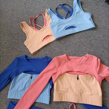 Layered Look Long Sleeve Yoga Crop Top Wrap V Waist Leggings Layered Cut Out Sports Bra Contrast Waist Shorts The Clothing Company Sydney