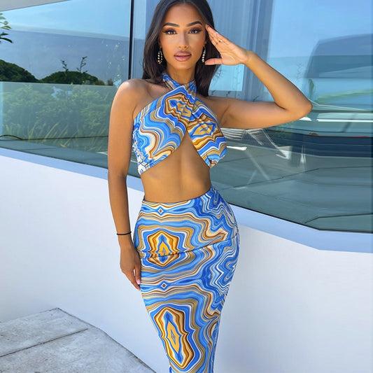 2 Piece Print Halter Cut Out Crop Top Dress Sets Fashion Outfit Summer Top and Skirts Matching Set Club Party Dress The Clothing Company Sydney