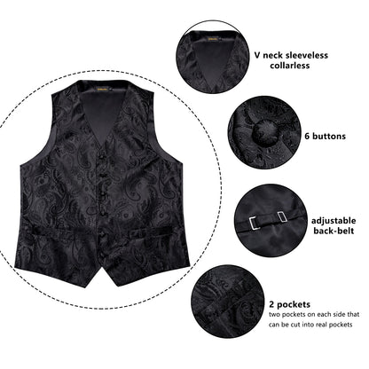 5 Piece Classic Black Wedding Vest for Men Silk Suit Vest Tie Ring Cufflinks Hanky Set for Party Formal Dress Business Casual Waistcoat The Clothing Company Sydney