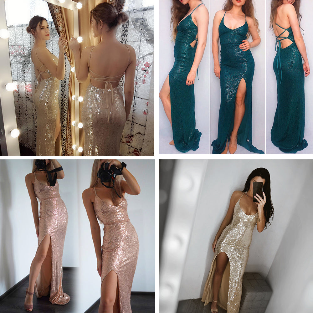 Sexy V Neck Lace Up Sequined Cocktail Party Dress Backless Split Leg Sleeveless Summer Long Dresses Evening Wedding Gown The Clothing Company Sydney