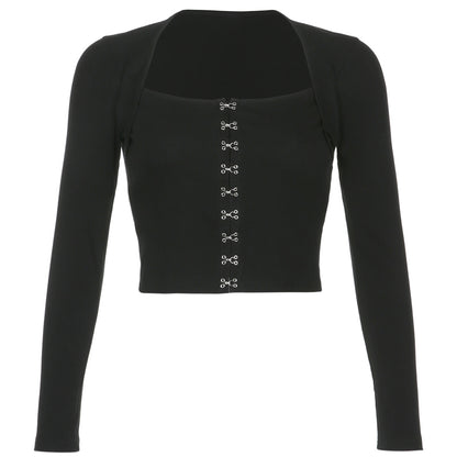 Streetwear Square Neck Hook Cotton Aututmn T-shirts Bodycon Gothic White Crop Tops Tees Long Sleeve T shirt The Clothing Company Sydney