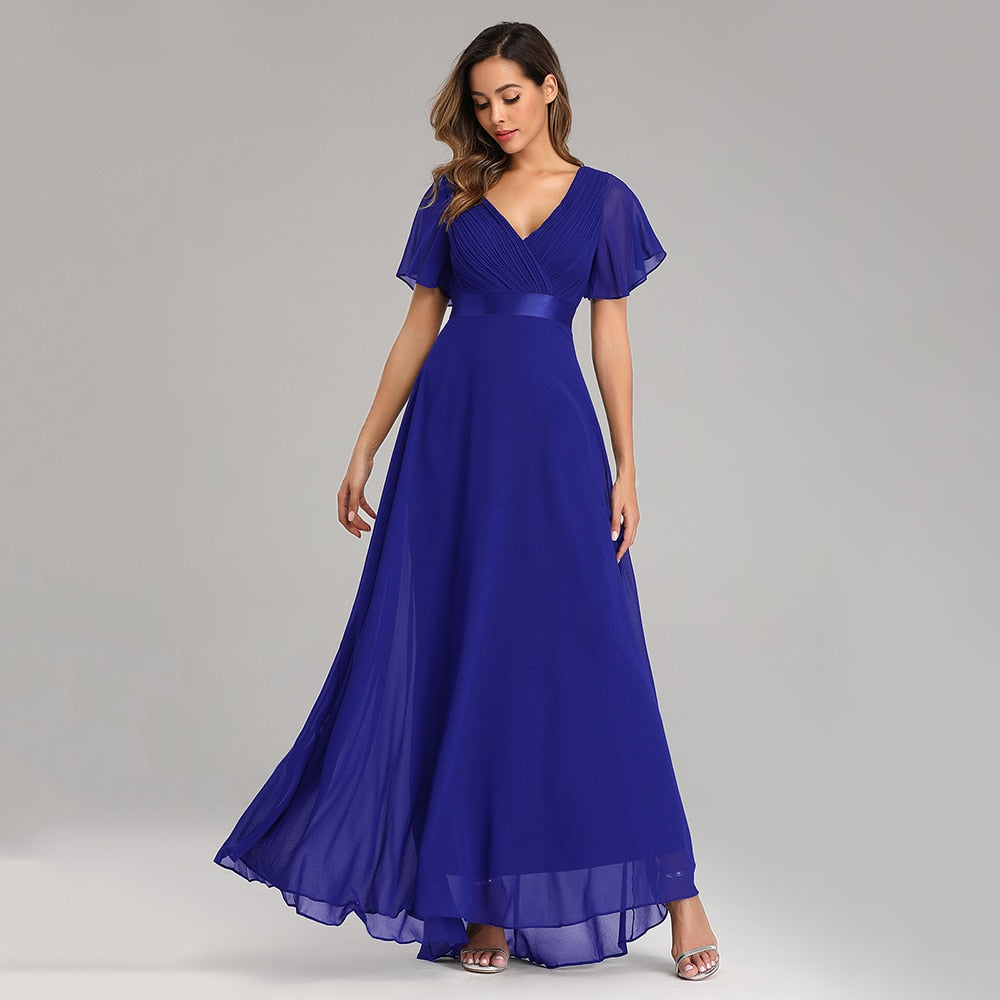 Elegant V Neck Ruffles Chiffon Evening Gown Wedding Party Cocktail