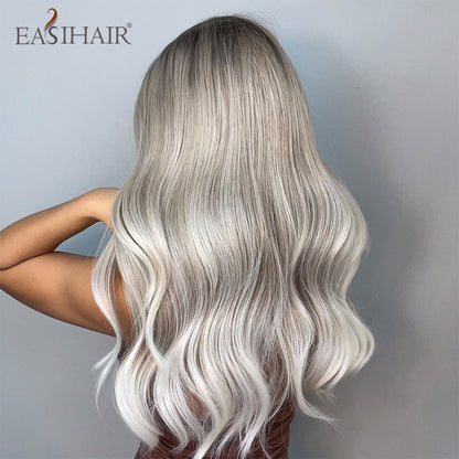 Ombre Gray Ash Wavy Wigs with Bang Light Blonde Platinum Synthetic Long Hair for Women Daily Party Heat Resistant Fiber Wigs The Clothing Company Sydney
