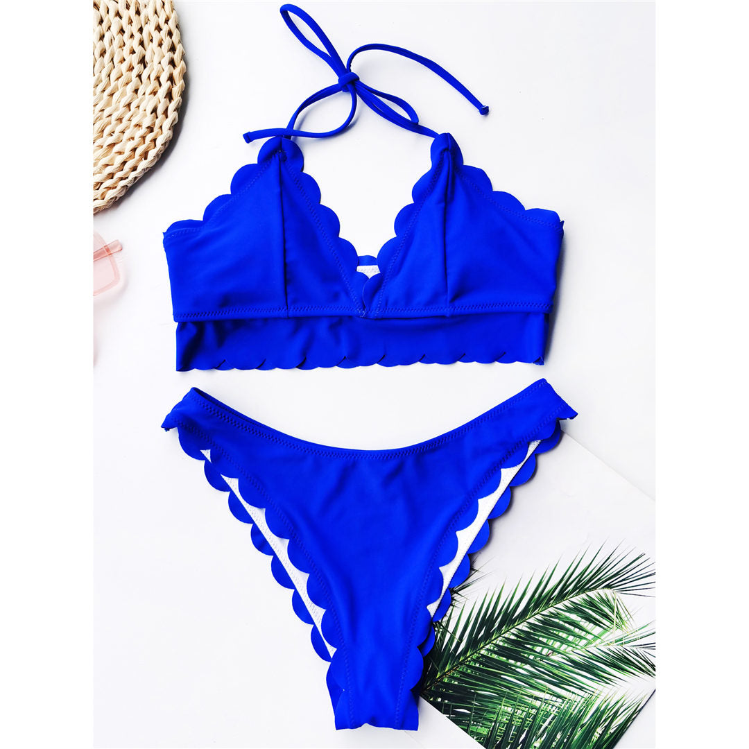 Scalloped Mid Waist Bikini Female Swimsuit Swimwear Two-pieces Bikini set Halter Bather Bathing Suit The Clothing Company Sydney