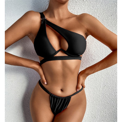 Hollow Out Swimwear Push Up Bikini One Shoulder Solid Thong Swimsuit 2 Piece Micro Bather Suit The Clothing Company Sydney