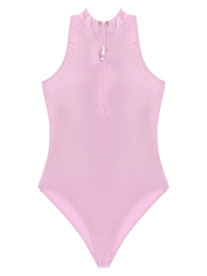 Women's Bodysuit Glossy Sleeveless Bodysuit Jumpsuit Solid Color Double Zipper Front Leotard High Cut Clubwear Nightwear The Clothing Company Sydney