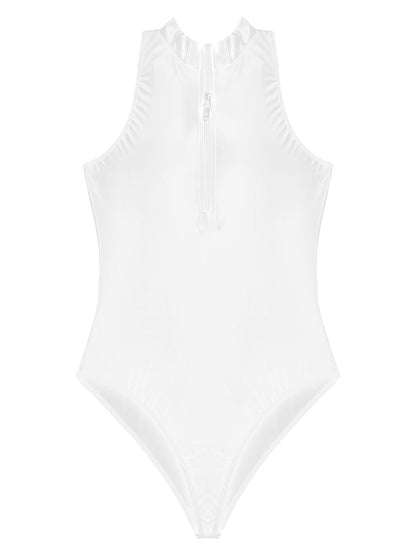 Women's Bodysuit Glossy Sleeveless Bodysuit Jumpsuit Solid Color Double Zipper Front Leotard High Cut Clubwear Nightwear The Clothing Company Sydney