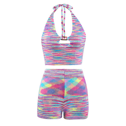 Rainbow Print Halter Cut Out Crop Top and Shorts 2 Piece Matching Set Club Fashion Outfits Loungewear Set The Clothing Company Sydney
