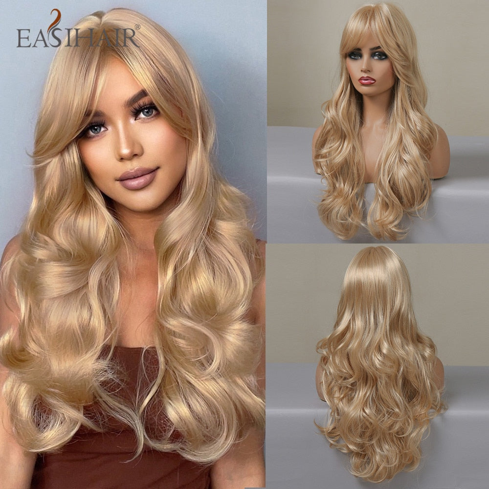 Ombre Gray Ash Wavy Wigs with Bang Light Blonde Platinum Synthetic Long Hair for Women Daily Party Heat Resistant Fiber Wigs The Clothing Company Sydney