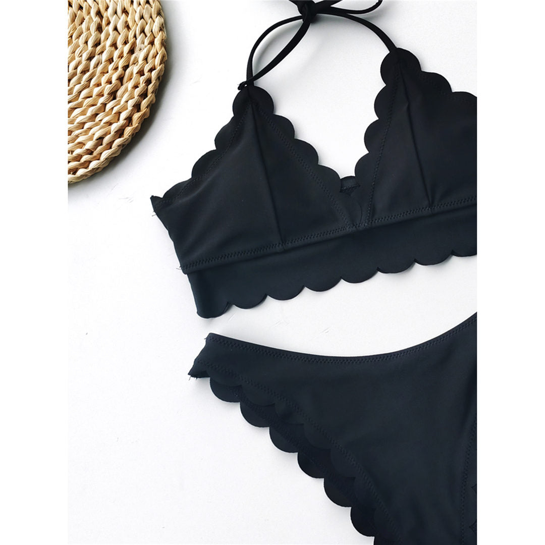 Scalloped Mid Waist Bikini Female Swimsuit Swimwear Two-pieces Bikini set Halter Bather Bathing Suit The Clothing Company Sydney