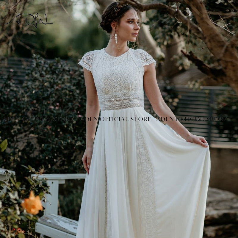 Exquisite Jewel Bohemian Wedding Cap Sleeves Boho Lace Bride Dress Chiffon Beach Bridal Gown Customized Dress The Clothing Company Sydney