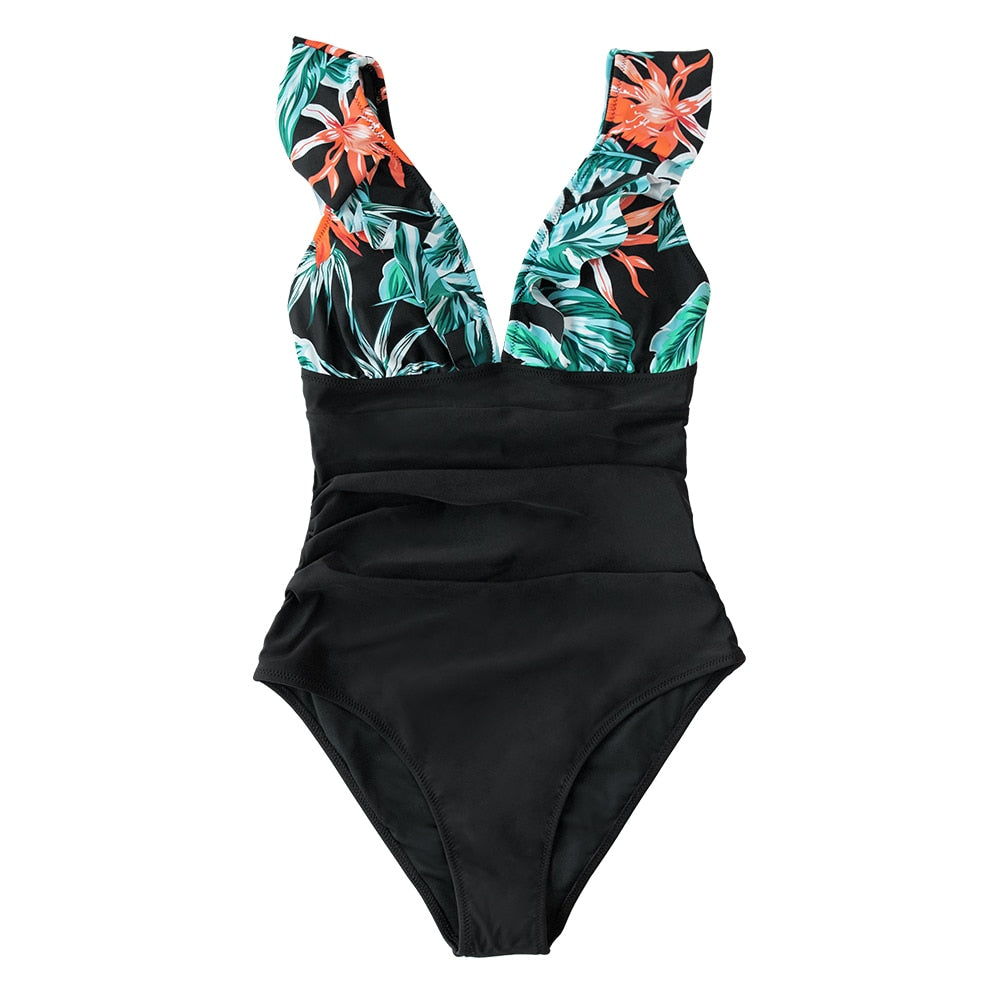 Solid Black Ruffled One-piece Swimsuit Lace Up Monokini Swimwear Beach Bathing Suits The Clothing Company Sydney