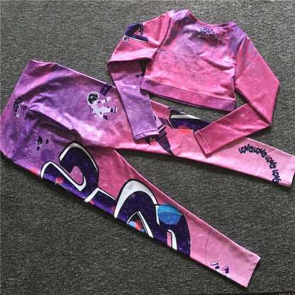 Cartoon Print Pink Two 2 Piece Long Sleeve Crop Top T Shirt Sport Pant Sportsuit Workout Active Outfit Fitness Gym Sport Sets The Clothing Company Sydney