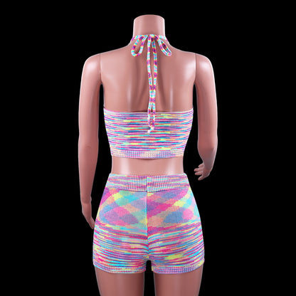 Rainbow Print Halter Cut Out Crop Top and Shorts 2 Piece Matching Set Club Fashion Outfits Loungewear Set The Clothing Company Sydney
