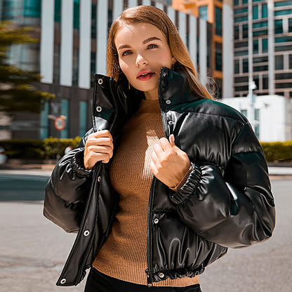 Winter Warm Thick PU Leather Coats Women's Short Parkas Fashion Black Cotton Padded Down Jacket With Elegant Zipper The Clothing Company Sydney