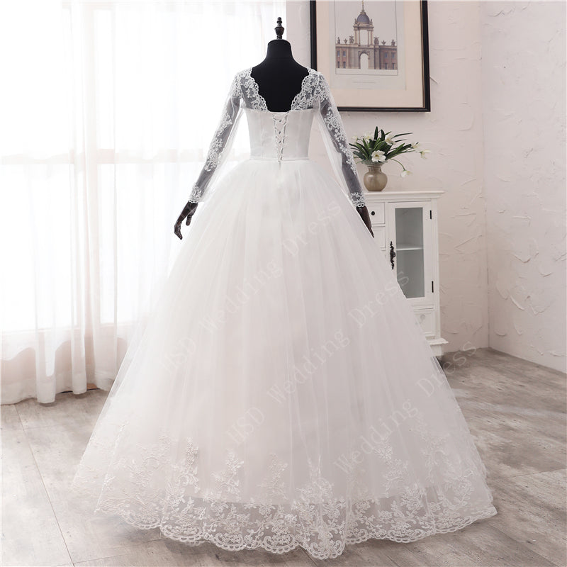 Spring Lace Appliques Wedding Dresses Long Sleeve White V-Neck Princess Bride Wedding Gowns Plus Size The Clothing Company Sydney