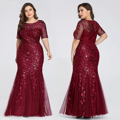 Plus Size Sequin Mesh Mermaid Slim Evening Beaded Leaves Pattern Formal Elegant Party Prom Gowns Short Sleeve Dress The Clothing Company Sydney