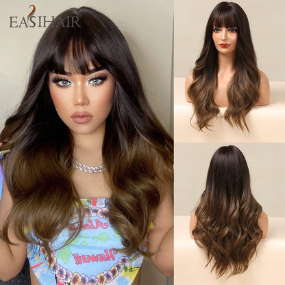 Ombre Gray Ash Wavy Wigs with Bang Light Blonde Platinum Synthetic Long Hair for Women Daily Party Heat Resistant Fiber Wigs The Clothing Company Sydney