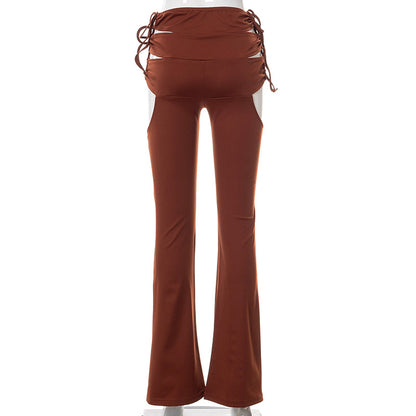 Side Hollow Out Lace Up High Waisted Flare White Brown Bottoms Trousers Fall Trendy Pants The Clothing Company Sydney
