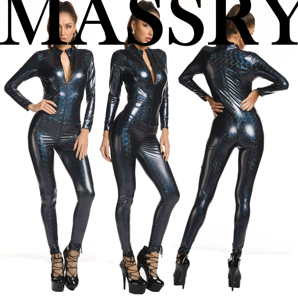 Wet Look Clubwear Multicolor Laser Gloss Bodysuits Shiny PVC Faux Leather Rompers Two-way Zipper Tight Jumpsuit The Clothing Company Sydney