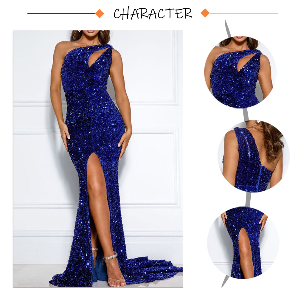 Shiny Royal Blue Hollow Out Velvet Cocktail Gown Stretchy Slit Leg One Shoulder Sleeveless Wedding Party Formal Maxi Dress The Clothing Company Sydney