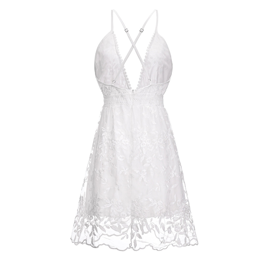 Summer Sundress White Floral Embroidery Mesh Lace Sexy Backless Beach Dress The Clothing Company Sydney