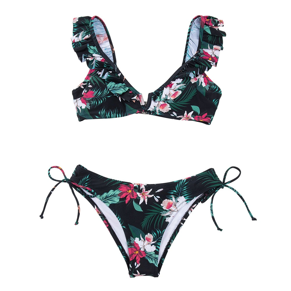 Black Floral Ruffled V-neck Bikini Sets Swimsuit Lace Up Two Pieces Swimwear Beach Bathing Suits The Clothing Company Sydney