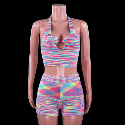 Rainbow Print Halter Cut Out Crop Top and Shorts 2 Piece Matching Set Club Fashion Outfits Loungewear Set The Clothing Company Sydney