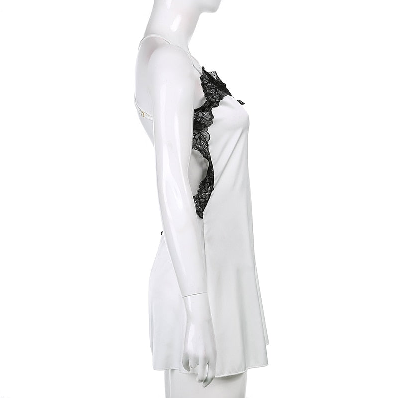 V Neck Lace Trim A-Line Satin White Dress Fashion Strap Mini Summer Dress Backless Party Dresses The Clothing Company Sydney