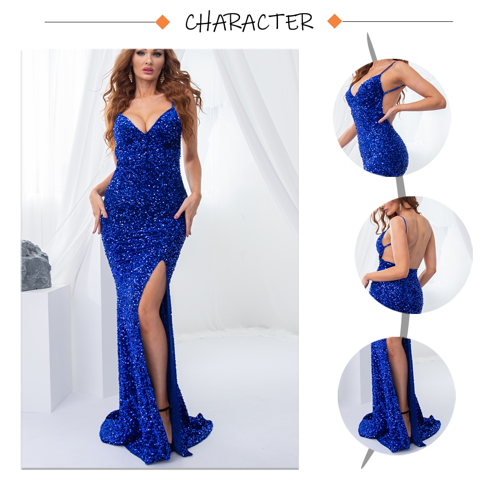 Sequin Backless Slip Mermaid Long Party Luxury V Neck Velvet Stretch Slit Sleeveless Cocktail Prom Formal Dress The Clothing Company Sydney