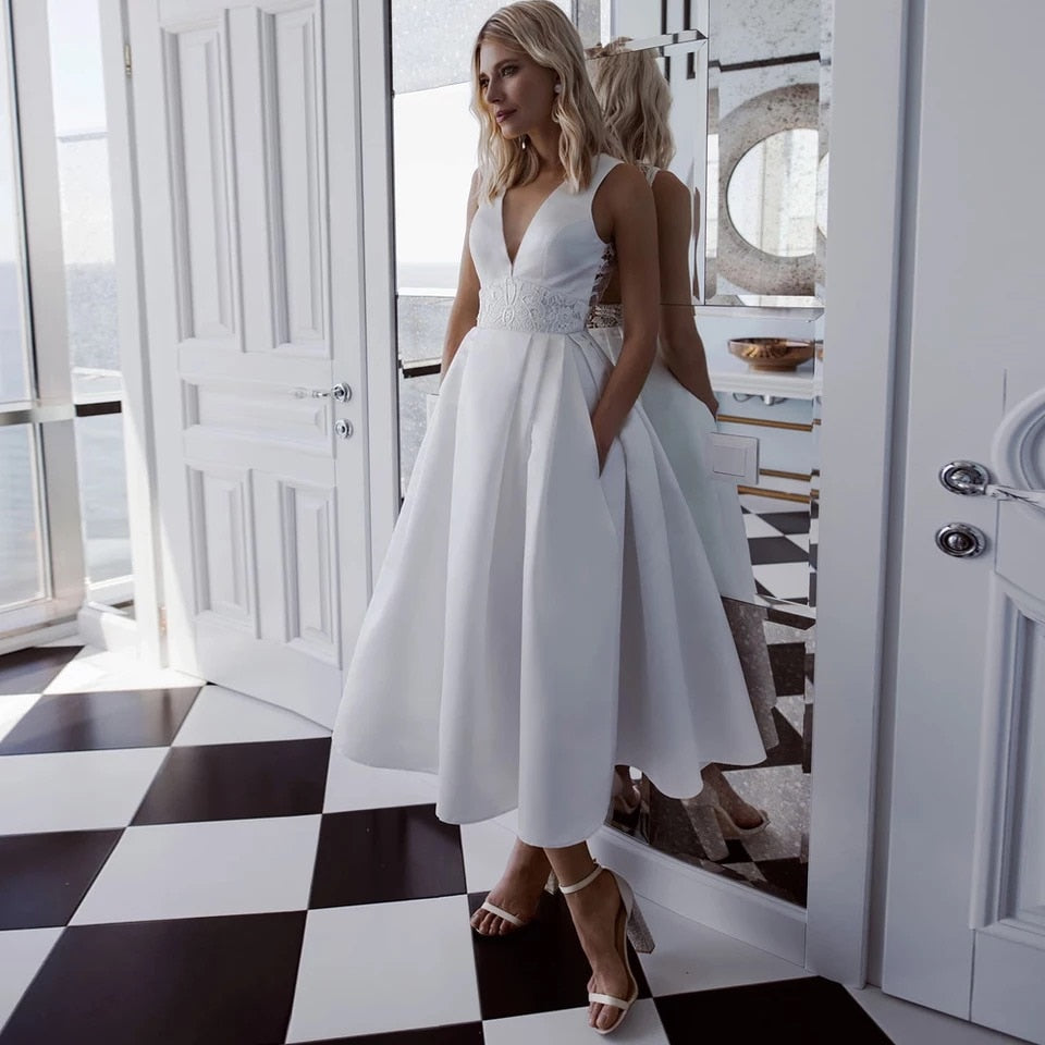 Satin A-Line V-Neck Sleeveless Lace Open Back White Tea-Length Bridal Gown Custom Made Short Wedding Dress The Clothing Company Sydney