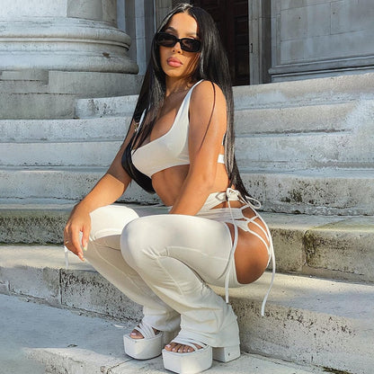 Side Hollow Out Lace Up High Waisted Flare White Brown Bottoms Trousers Fall Trendy Pants The Clothing Company Sydney