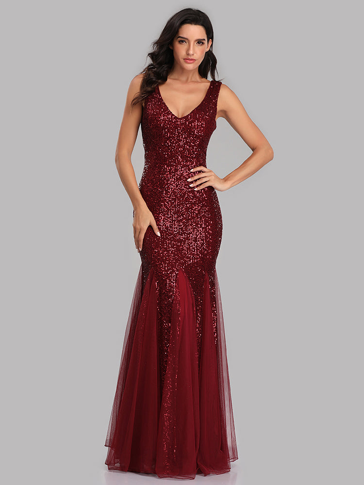 Plus Size V Neck Mermaid Burgundy Long Formal Prom Party Gown Sequins Sleeveless Evening Cocktail Dress The Clothing Company Sydney