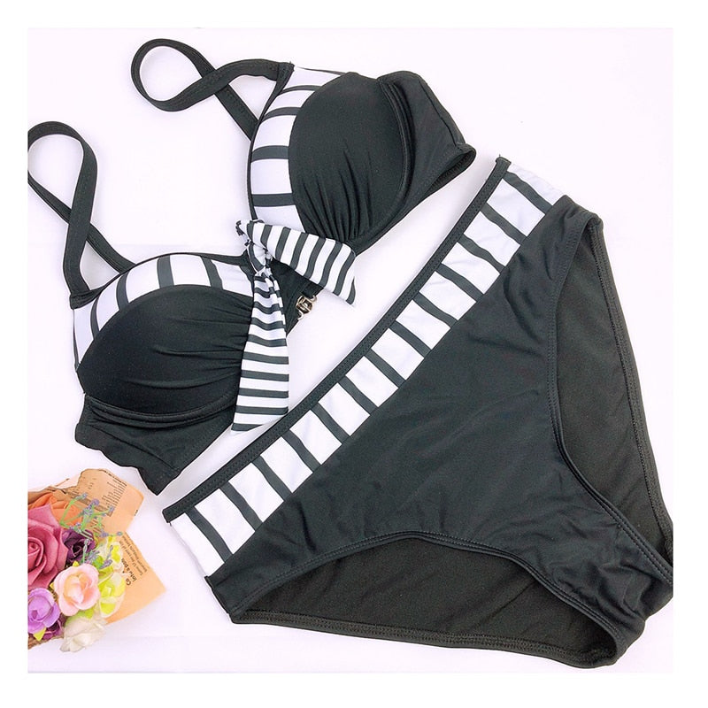 Striped Patchwork Swimwear Bandage Bathing suit Swimsuit Push Up Bikini Set The Clothing Company Sydney