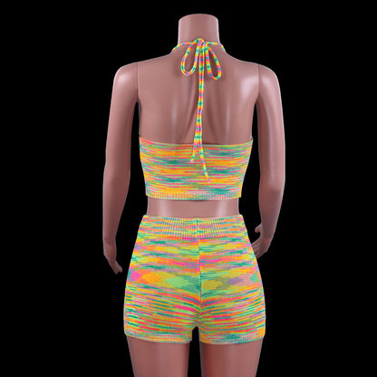 Rainbow Print Halter Cut Out Crop Top and Shorts 2 Piece Matching Set Club Fashion Outfits Loungewear Set The Clothing Company Sydney