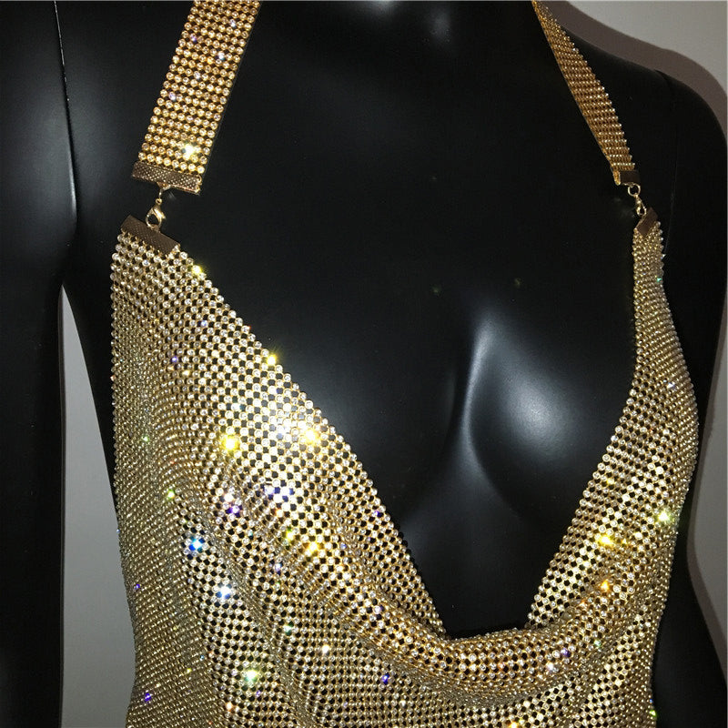 Gold Silver Rhinestone Tassel Chain Dress Women Hip High Split Luxury Party Halter Beach Nightclub Dress The Clothing Company Sydney