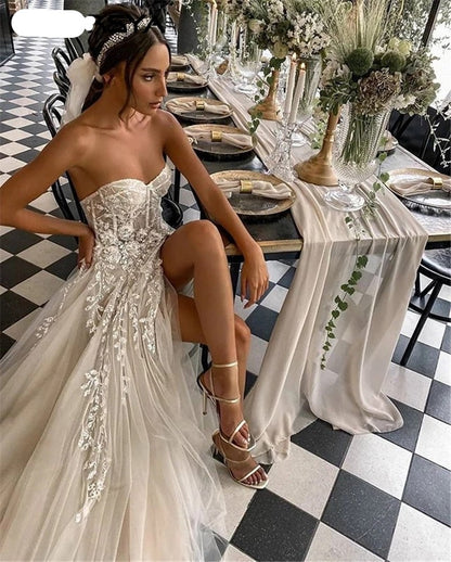 Beach Wedding Dresses For Bride Elegant Lace Boho Wedding Gowns Strapless Sleeveless High Split Princess Dresses The Clothing Company Sydney