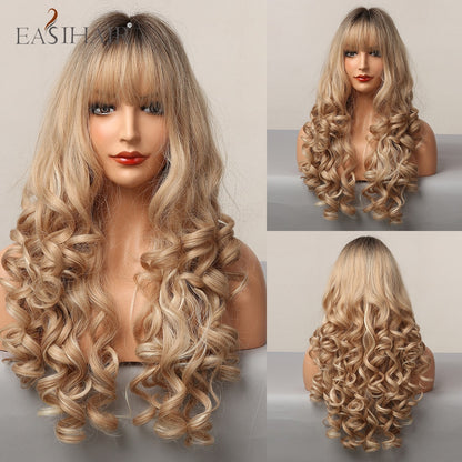 Ombre Gray Ash Wavy Wigs with Bang Light Blonde Platinum Synthetic Long Hair for Women Daily Party Heat Resistant Fiber Wigs The Clothing Company Sydney