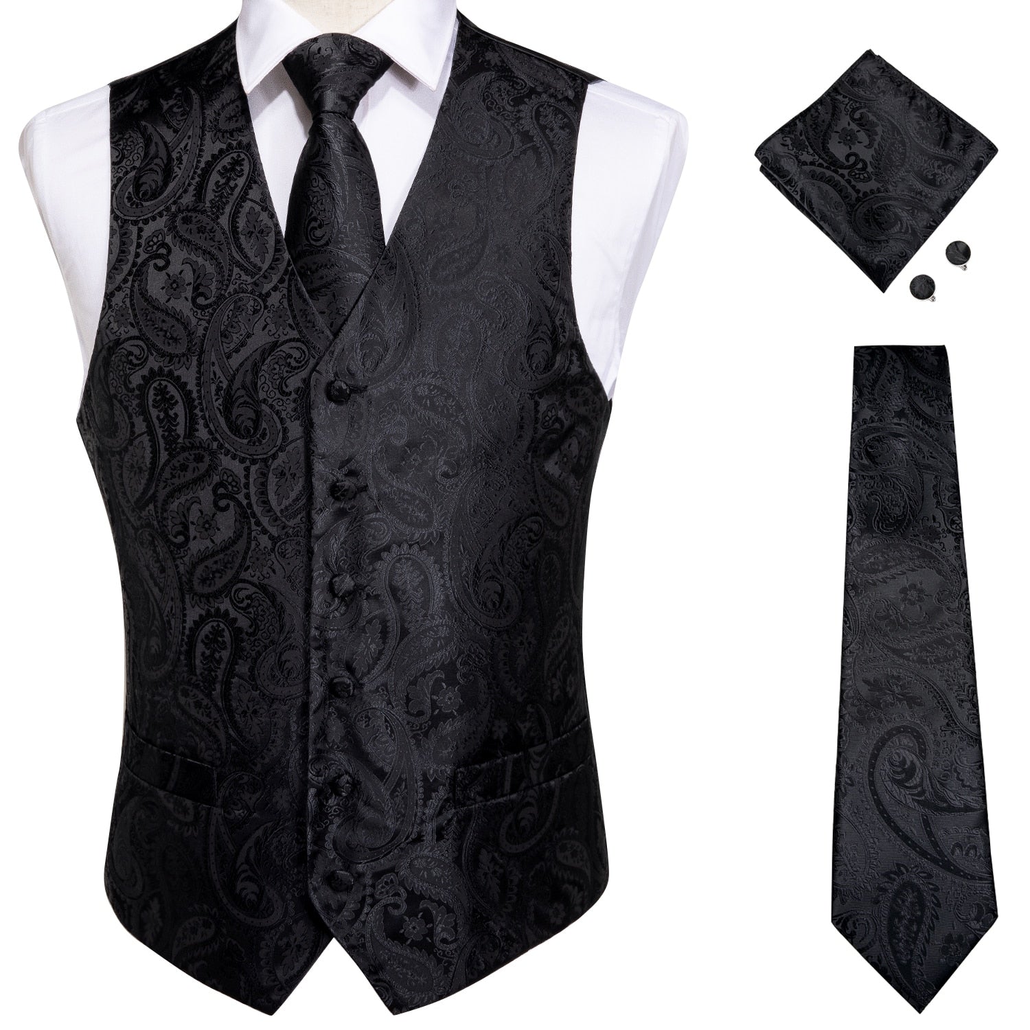 5 Piece Classic Black Wedding Vest for Men Silk Suit Vest Tie Ring Cufflinks Hanky Set for Party Formal Dress Business Casual Waistcoat The Clothing Company Sydney