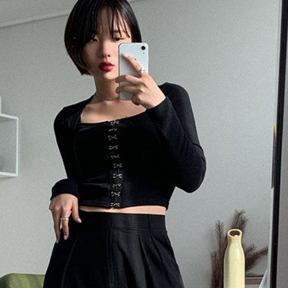 Streetwear Square Neck Hook Cotton Aututmn T-shirts Bodycon Gothic White Crop Tops Tees Long Sleeve T shirt The Clothing Company Sydney