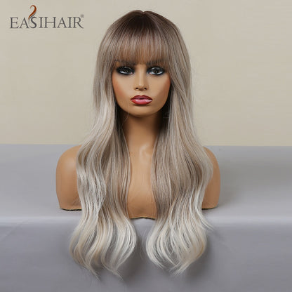 Ombre Gray Ash Wavy Wigs with Bang Light Blonde Platinum Synthetic Long Hair for Women Daily Party Heat Resistant Fiber Wigs The Clothing Company Sydney