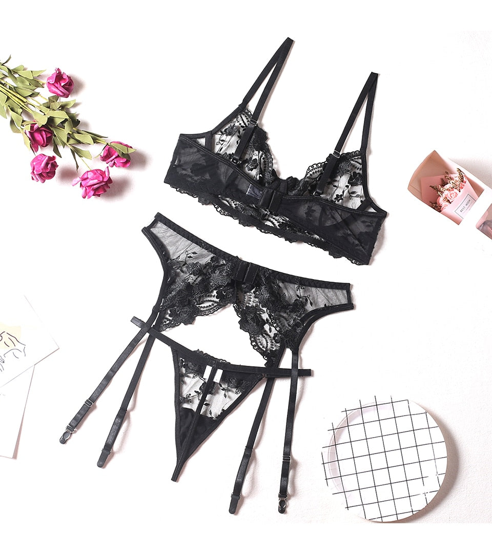 Floral Embroidery Thin Transparent Bralette Lace Push Up Bra Garters 3 Piece Sensual Lingerie Set The Clothing Company Sydney