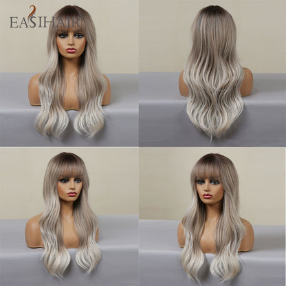 Ombre Gray Ash Wavy Wigs with Bang Light Blonde Platinum Synthetic Long Hair for Women Daily Party Heat Resistant Fiber Wigs The Clothing Company Sydney